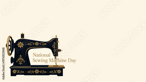 Vintage Sewing Machine, ornate black and gold details with thread spool, symbolizing craft, creativity, and heritage; elegant flat vector illustration, isolated on clean background.