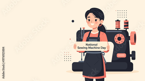 Woman and sewing machine holding celebratory sign for handmade creation. Flat vector art, warm pastel palette. Isolated with copy space.