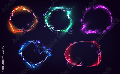 Electric energy frame with glowing blue lightning bolts and neon thunder effect, realistic vector illustrations isolated on black background. Powerful border design of spark discharges