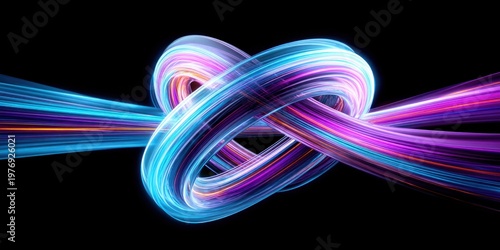 Abstract glowing neon light trails intertwined in a knot shape on black background