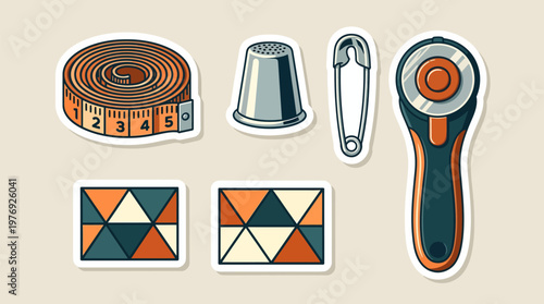 Essential Stitchery Tools: Measuring Tape, Thimble, Rotary Cutter, Quilt Blocks & Pin Stickers, for Creative Craft Hobby in Flat Graphic Art with Muted Tones, Isolated Vector Set.