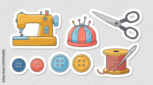 Sewing Machine, Buttons, Thread, Scissors, Pincushion, Needle, Craft Supplies. Tailoring & Creative Handmade Hobby. Flat Design, Vibrant Cartoon Style. Isolated Sticker Icons, White Outline.