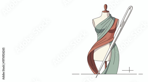 Dress form, large sewing needle, draped fabrics, representing fashion design and creative craft, in minimalist line art style with soft colors, isolated vector graphic.