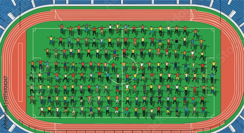 Aerial view of sports stadium with athletes on green field, top down vector of running track and soccer pitch, crowd of people exercising in arena