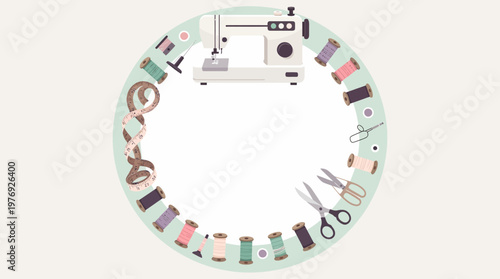 Sewing machine surrounded by colorful thread, scissors, measuring tape in a circular frame, representing textile craft and handmade hobby, rendered in flat pastel vector art, isolated on white.