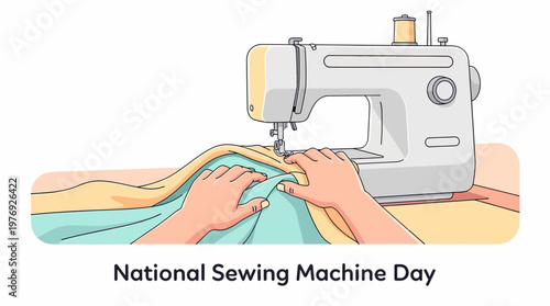 Hands guiding pastel fabric under a modern sewing machine needle, symbolizing craftsmanship and DIY creativity in a clean flat line art illustration with soft colors, isolated on white.