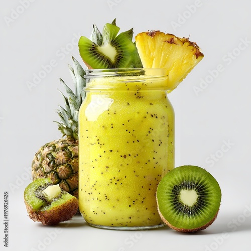 Pineapple kiwi smoothie jar with fruit garnish tropical wellness beverage nutrition artistry lifestyle refreshing design inspiration