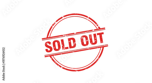 Distressed red circular rubber stamp featuring the bold text SOLD OUT sits centered on a stark white surface with a classic vintage ink texture effect.