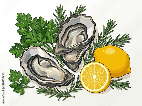 Fresh Raw Oysters with Lemon, Parsley, and Rosemary Illustration; Gourmet Seafood Appetizer Vector Graphic Isolated on White