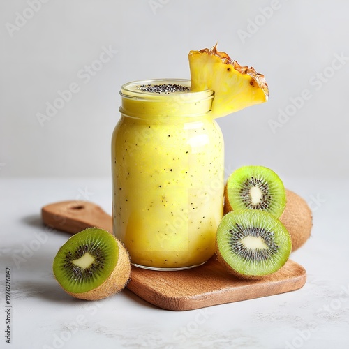 Kiwi pineapple smoothie with fruit garnish tropical wellness beverage nutrition artistry lifestyle refreshing design inspiration