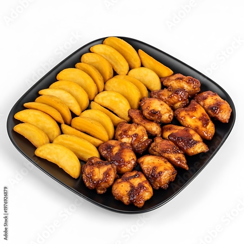 Grilled Chicken and Potato Wedges on Black Tray Isolated on White