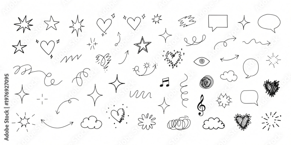 Fototapeta premium A collection of various doodle icons and symbols including hearts stars and speech bubbles floating on a white background.