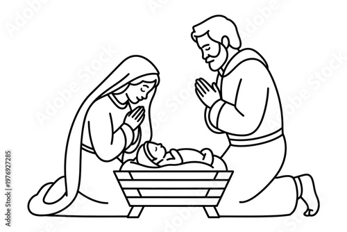 A black and white illustration of the Holy Family kneeling in prayer around the baby Jesus in a manger