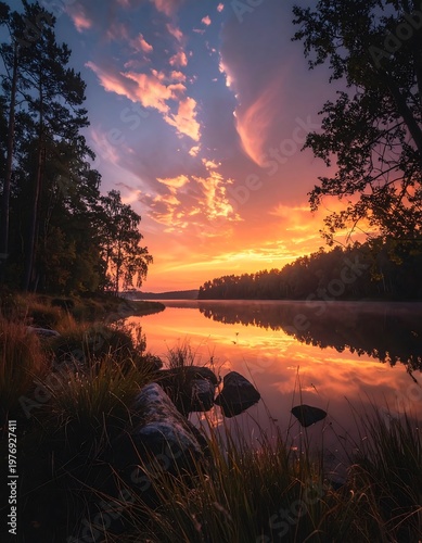 A vibrant sunrise over a tranquil lake, framed by trees and tall grass. Clouds reflect perfectly in the water