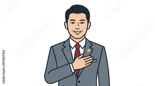 Professional Lawyer or Businessman in Grey Suit with Hand on Heart - Symbol of Sincerity, Trust, and Commitment Vector