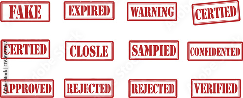 Collection of red rubber stamps with various status words white background approved