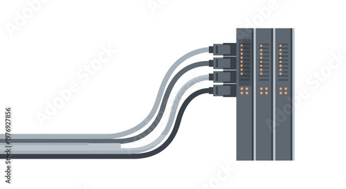 Three sleek vertical server racks connected by grey and black cables display glowing orange status lights against a clean white background with soft shadows.