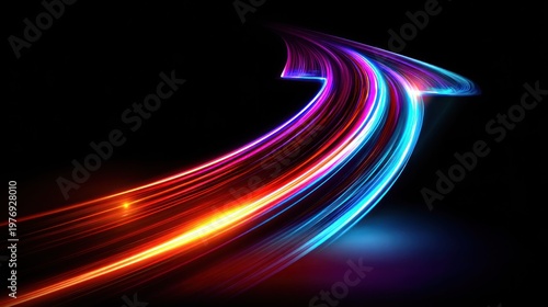 Abstract glowing arrow shape with vibrant light trails on a dark background
