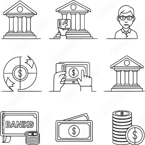 flat design banking and finance icons set with bank building money and businessman vector illustration