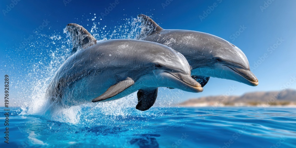 Fototapeta premium Two playful dolphins leaping out of the ocean water with splashes and clear blue sky