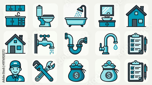 Professional Plumbing and Home Maintenance Icon Set - Blue Line Art Symbols for Plumbing Service, Repair, Kitchen, Bathroom Renovation, and Maintenance