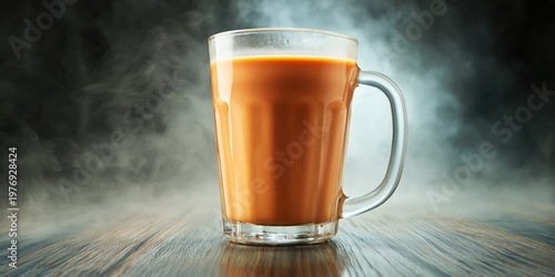 Traditional Malaysian pulled milk tea, pulled tea, served hot in a glass mug with steam rising