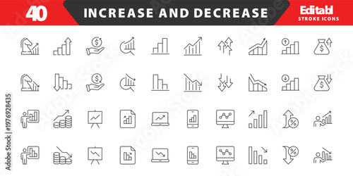 Increase and Decrease line Editable Icons set. Graph, Diagram, business growth, finance, economy, statistics, summary, profit, fall, arrow up, down,
and more. Simple vector icons. Editable Stroke.
