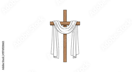 Polished wooden cross draped with a pristine white linen cloth features elegant flowing fabric folds against a clean stark white background in high relief.