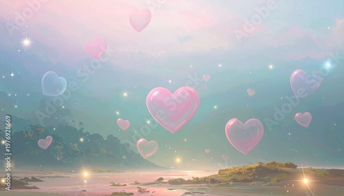 A whimsical pastel landscape of misty mountains and clouds at sunrise, soft pinks and purples blending with sparkling lights and floating translucent hearts, evoking romance and dreamlike serenity.