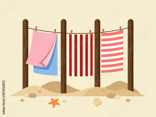 Summer Beach Illustration with Colorful Towels Hanging on a Clothesline over Sand Dunes with Shells and Starfish