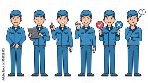 Character Set of a Male Technician in Blue Work Uniform; Various Poses including Pointing, Using a Tablet, Showing OK Sign, and Thinking