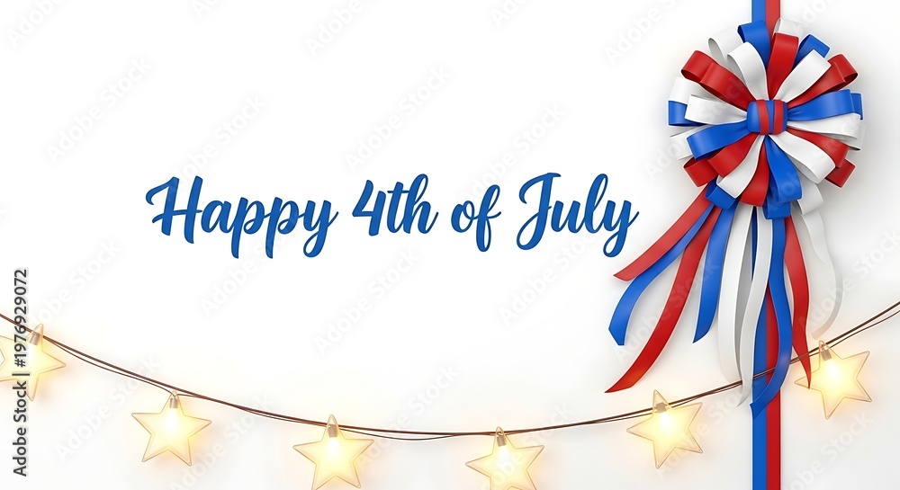 Obraz premium Happy 4th of july greeting with patriotic bow and star shaped string lights