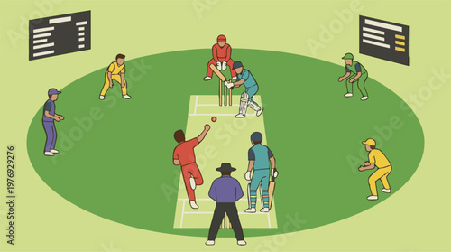 Cricket match with players, bowler, batsman, and fielders on green ground
