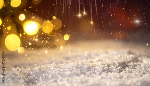 A sparkling snow surface glitters in the foreground with golden bokeh lights and star-like glimmers in the background, blending crisp winter textures with warm festive charm and magical celebration.