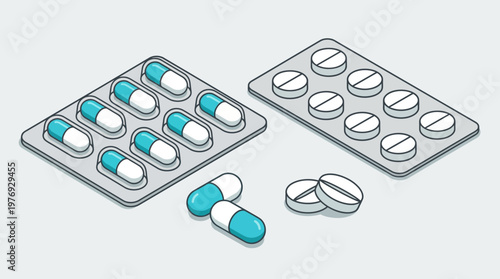 Isometric Illustration of Medicine Blister Packs with Capsules and Tablets, Pharmaceutical Healthcare Concept on White Background