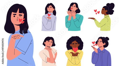 Flat vector illustration of diverse women sending air kisses and hearts. Perfect for Valentine’s Day, social media, love, affection, romance, flirting, messaging stickers, and lifestyle content