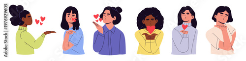 Flat vector illustration of diverse women sending air kisses and hearts. Perfect for Valentine’s Day, social media, love, affection, romance, flirting, messaging stickers, and lifestyle content.