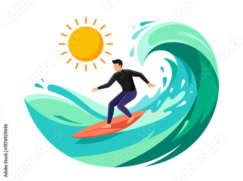 Surfer Catching a Large Ocean Wave Under a Bright Sun, Vector Illustration of Man Surfing on a Red Board, Summer Beach Vacation Concept Isolated on White