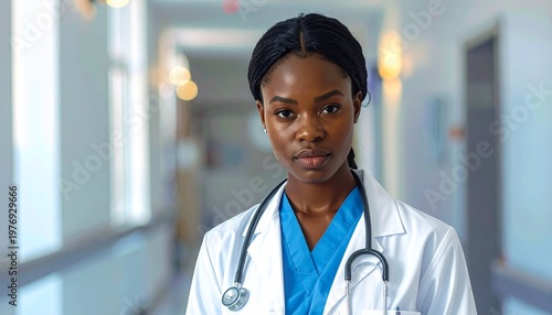 A healthcare professional in blue scrubs and a white coat with stethoscope, standing in a softly lit hospital hallway, symbolizing medical expertise, patient care, and professional dedication.