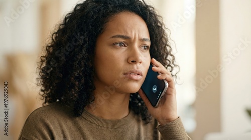 Brazilian young woman reacting to suspicious vishing phone call