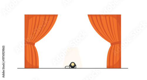 A single stage spotlight shines brightly on the floor between two large draped orange curtains in a minimalist theater setting with a clean aesthetic.