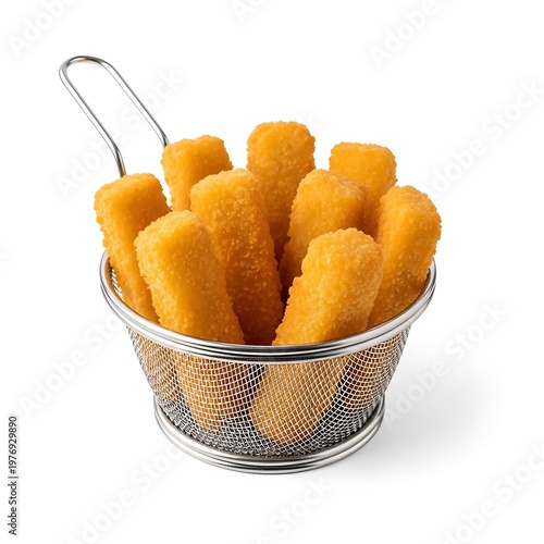 Golden Fish Sticks in Metal Basket on White Background