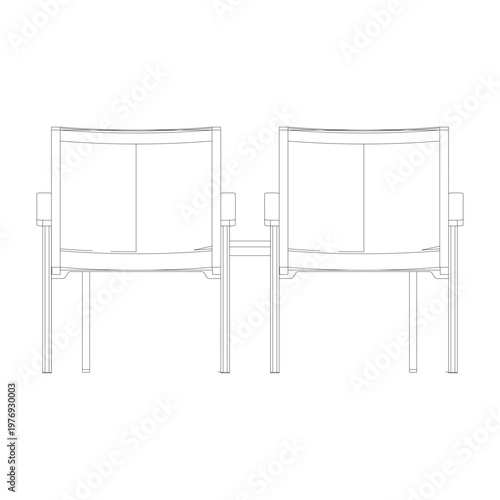 Front view line art of a living room set with four lazy chairs and a rectangular coffee table. Clean minimalist outline showing seating arrangement, ideal for interior and furniture design.