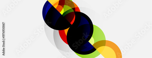 Abstract colorful circles overlap, creating dynamic visual composition. Bright hues contrast against white background. Modern design.