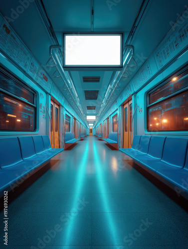 Blank subway billboard mockup in modern train interior, cinematic minimal urban advertising space