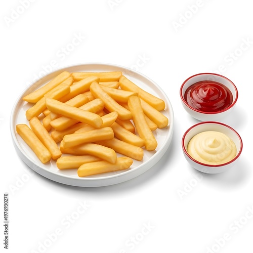 French Fries on Plate with Ketchup and Mayonnaise
