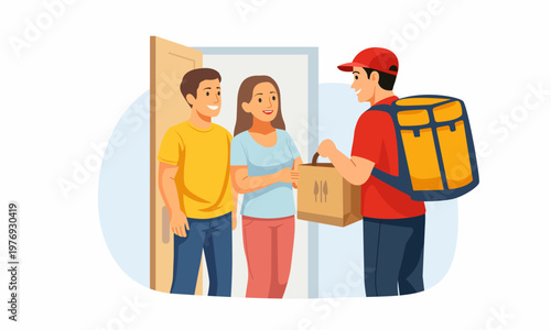 Flat vector illustration of a courier delivering a package to customers at home, representing delivery service, online shopping, and last mile delivery.