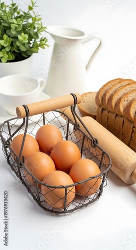Brown Eggs in Wire Basket with Bread and Plant on White Table