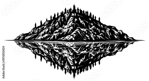 Mountain island reflected in still water with trees on top