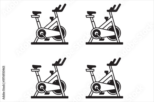 Four black and white line drawings depicting stationary exercise bikes in a grid pattern high quality